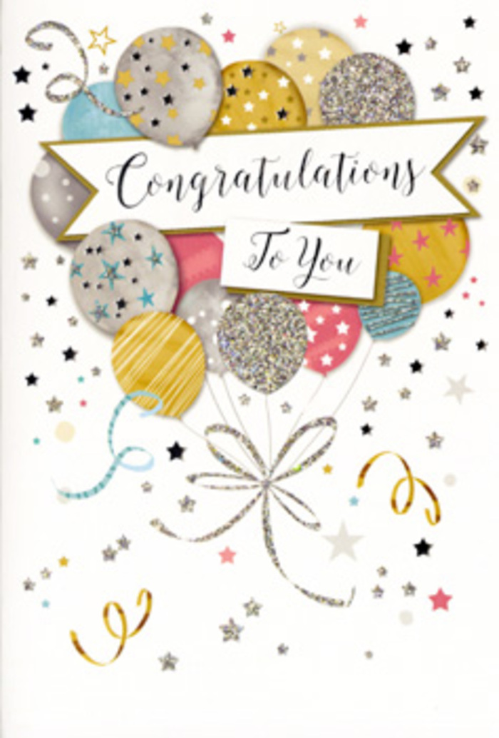An ornate congratulations card is displayed here, its design composed like a delicate celebration in miniature, much as a florist might compose a thoughtful bouquet for an Ickenham doorstep delivery. The central illustration is a generous bundle of balloons in rounded, classic shapes, overlapping in an airy arrangement that gives the impression they are gently lifting away from the card. Their colours sit in a refined palette of warm gold, soft silver, champagne, pale sky blue, tender blush pink, and quiet grey, each tone carefully balanced so none overwhelms the others. Every balloon bears its own subtle decoration: shimmering flecks that mimic fine glitter, elegant stripes that catch the light, or tiny star patterns that recall clear skies above the lanes leading towards Uxbridge. From each balloon, narrow strings trail downward in looping strokes of metallic gold and silver ink, intertwining before gathering in a tidy knot that visually grounds the composition. A flowing banner curves gracefully through the centre, as if carried by a gentle breeze, presenting the words "Congratulations To You" in stylish, handwritten-style calligraphy. Around the focal design, small metallic stars, confetti-like dots, and curling ribbons are scattered across a soft, neutral background, evoking the sense of a party paused at its most joyful moment. The mood is sophisticated yet unabashedly celebratory, suitable for acknowledging exam results, promotions, retirements, or personal triumphs cherished within families around Ickenham. While you cannot feel the surface, the hints of shine and texture in the image suggest that, in person, the card would catch natural light from a nearby window and offer a gentle, uplifting sparkle each time someone walked past.