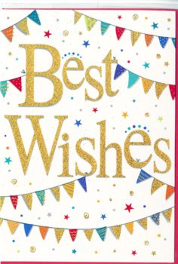 Captured in this image is a charming "Best Wishes" card that manages to feel both festive and refined, much like a well-planned celebration at a cosy home near Long Lane in Ickenham. The backdrop of the card is a smooth, fresh white, offering a clean canvas that lets every decorative element stand out with clarity. At the very heart of the design, the phrase "Best Wishes" unfurls in luxurious golden script. Each letter glides elegantly into the next, with flourishes at the start and tail ends that give it a softly calligraphic style. The gold appears luminous and slightly raised, suggesting a foil or glittered finish that would feel delicately textured if you ran your fingers over it. The message sits confidently in the centre, neither too large nor too small, maintaining a pleasant balance with the surrounding artwork. Encircling the text above and below are gentle arcs of colourful bunting, reminiscent of the strings of flags you might see at a summer party in a garden near Ickenham Marsh. The bunting consists of evenly spaced, triangular flags, each one in bright, jewel-like colours-crimson reds, sapphire blues, emerald greens, sunshine yellows, and touches of magenta and teal. Many of the flags are adorned with simple patterns such as fine stripes, small dots, or broken mosaic lines, creating an impression of care and individuality in each piece. Spread throughout the remaining white space are sprinkled stars and tiny dots, in complementary hues with hints of muted gold, arranged in a way that looks spontaneous yet carefully considered. These details give the illusion of confetti floating in the air after a cheer. The overall mood is one of genuine goodwill and bright encouragement, making the card a wonderful accompaniment to a bouquet from Ickenham Florist when you want to send congratulations, wish someone luck, or simply share in their happiness.
