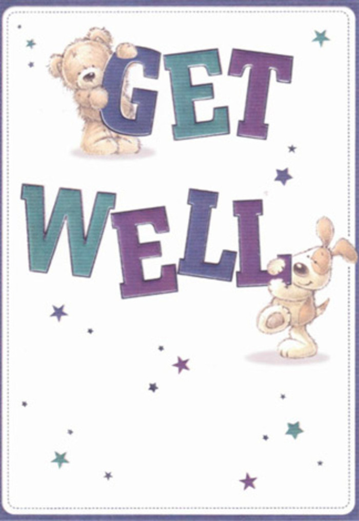 This card is a true celebration of caring encouragement, brought to life with illustrations as friendly as a smile from a neighbour along Long Lane. At its centre, a plump, soft bear and a cheerful puppy-each rendered with expressive detail-share the space with oversized, vibrant letters spelling 'GET WELL' in shades of purple and aquamarine. Swirling amongst them are whimsical stars that seem to carry wishes through the air, their twinkling blues and lavenders standing out against a luminous white background. The tactile impression of soft fur and velvety ears brings a sense of gentle comfort, echoing the soothing touch of thoughtfully arranged flowers delivered around Ickenham. Every part of the scene-from the playful confidence of the typography to the light, airy composition-conveys reassurance, creating a mood that uplifts spirits regardless of age. It's as if the card itself holds a bouquet of good intentions, perfect to send alongside blooms for a loved one's recovery here in Ickenham.