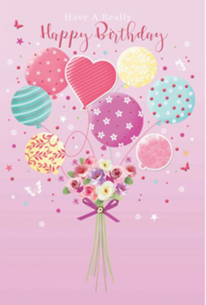 In this detailed birthday card-style image, a delicate sense of celebration rises like a balloon over the quiet streets of Ickenham. The scene is set against a smooth, blush-pink background that radiates warmth and calm, much like an early evening sky over Swakeleys Park. At the centre, a cluster of pastel balloons floats gently upward. Each balloon is unique: some display swirling ribbon-like stripes in rose, teal, and lemon; others are adorned with dainty polka dots or tiny stars, and one distinct heart-shaped balloon glows softly, capturing the emotional heart of the design. The colours are light and harmonious-rosy fuchsia, pale sunshine yellow, lavender, and sea green-melting into one another to create a dreamy, uplifting atmosphere. Thread-like ribbons trail from the balloons down toward a pretty, hand-tied bouquet at the base. The bouquet features petite roses and soft, daisy-like flowers, their velvety petals shaded with care from creamy ivory through blush pink to muted mauve. The blooms are packed closely, as if arranged moments ago on a flower bench in a friendly shop off High Road Ickenham, ready to be carried to a birthday tea. A sparkling purple satin bow gathers the stems into a neat bundle, its loops and tails highlighted to show a subtle sheen. Around the main composition, whimsical butterflies and star motifs hover as though caught in a soft breeze, giving the impression of a garden party suspended in time. The overall mood is gentle jubilation-joyful, yet tender and unhurried. It feels like a design made by someone who understands how to express affection through colour, texture, and balance, turning a birthday wish into a keepsake image that would make any recipient in Ickenham feel thoughtfully cherished and quietly celebrated.
