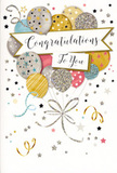 In this image, a beautifully designed congratulations card captures the spirit of a joyful moment, the kind that might be shared over tea and cake in an Ickenham kitchen. The artwork centres on a lush grouping of balloons, gathered together like a festive bouquet, gently overlapping in shades of warm gold, soft silver, champagne, clear sky blue, blush pink, and misty grey. Each balloon has its own decorative charm: some shimmer with fine, confetti-like speckles suggesting a dusting of glitter, others are encircled with slender metallic bands, and a few are adorned with tiny stars that bring to mind crisp, starlit evenings near Swakeleys Lake. Their slim strings fall in flowing lines of gold and silver, loosely curling before meeting at a simple, elegant knot that anchors the whole scene. Floating across the middle is a graceful banner, its subtle curve giving a sense of movement, bearing the words "Congratulations To You" in smooth, expressive script that feels sincerely personal. Surrounding the balloons and banner, little star shapes, dots, and ribbon curls scatter across a pale, creamy background, like festive confetti suspended in mid-air just after a cheer. The overall impression is light, happy, and slightly glamorous without being loud, ideal to accompany same-day flower delivery around Ickenham, Ruislip, and the nearby villages when celebrating exams, new homes, or career milestones. Even translated through an image, the design hints at tactile details-perhaps raised glitter or glossy ink-inviting the thought of fingertips tracing the lettering as someone quietly savours the good news being celebrated.