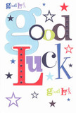 A playful good luck card is shown laid flat, its bright white background acting like a clean canvas for the words "Good Luck" scattered in bold, oversized letters and a joyful tumble of stars. Each letter feels as if it has been handpicked by a designer with a florist's eye for colour: a large, rounded "g" in soft baby blue sets the tone, followed by confident blocks of deep red, mossy green, and rich violet that echo the lively, mixed bouquets we prepare here in Ickenham. Slimmer black and navy letters weave between them, adding structure the way glossy foliage frames a vibrant arrangement. Around the wording, stars of every size sparkle across the page-inky midnight, indigo, sky blue, lavender, and hints of lime-giving the impression of wishes floating high above Swakeleys Park on a clear evening. The finish looks smooth and crisp, like quality cardstock that feels cool and substantial between your fingertips when you pick it up from a local florist's counter. There's no glitter or embossing, just a sleek, modern print that lets the colours and playful typography do all the talking. The layout keeps plenty of white space, so nothing feels crowded, much like a well-balanced bouquet where every bloom can breathe. It's the sort of cheerful card you might tuck beside a hand-tied bunch before sending someone off to a new job in Uxbridge, a big exam at Brunel, or an exciting move across Ickenham-quietly radiating encouragement, faith, and the sense that their future is as open and star-filled as the night sky.