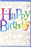 The photograph shows a lively birthday card that feels as festive as a family gathering in one of Ickenham's cosy homes. At its heart, the words "Happy Birthday" sweep across the card in large, rounded letters that immediately draw the eye. Each letter bursts with colour, forming a continuous rainbow that shifts from red and orange to bright yellow, leaf green, aqua, royal blue, and soft violet. The colours are full and rich but soften beautifully where they meet, creating a harmonious flow that feels both playful and polished, like decorations thoughtfully arranged before guests arrive. The typeface is bold yet gentle, its curved edges adding a sense of warmth and friendliness. Behind this joyful statement, the background is filled with a fine, repeated script reading "Happy Birthday to you." This secondary text is written in elegant, looping gold, the strokes thin and graceful, giving the design a layer of refined detail. The metallic effect of the gold script catches the light, scattering tiny glints that bring a subtle sparkle to the card, much like candlelight reflecting off glassware at an evening celebration near Swakeleys Park. The combination of bold rainbow lettering and delicate golden handwriting creates depth and visual rhythm, making the card feel dynamic without being busy. The surface appears smooth to the touch, perhaps with the main letters slightly raised for a pleasing tactile contrast. It is a card that would sit beautifully beside a vase of mixed blooms from a local Ickenham florist, together turning a simple birthday greeting into a colourful, heartfelt moment of joy.