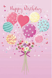 This image portrays a whimsical birthday celebration that seems to float with the easy calm of a stroll through Ickenham's leafy lanes. The background is a soft, powdery pink, acting as a serene stage for the main elements: a cluster of pastel balloons rising above a small, beautifully gathered bouquet. The balloons vary in pattern and personality. Some swirl with candy-coloured stripes in shades of rose, teal, and lemon; others are sprinkled with playful polka dots or tiny stars that look as if they were tossed gently across their surfaces. A heart-shaped balloon sits near the centre of the cluster, radiating warmth and affection, like a visual promise that this birthday greeting comes from the heart. The colour palette leans into gentle tones-blush, sea green, lilac, and pale yellow-layered with soft edges that suggest the dreamy light of a UB10 morning. Below, a compact bouquet of roses and anemone-like blossoms gathers the colours of the balloons into one harmonious bunch. The flowers are painted in creamy ivory, blush pink, and dusky mauve, with feathery petals that seem soft enough to brush against your fingertips, recalling the texture of fresh blooms from Ickenham Florist. A violet satin bow ties the stems together, its smooth surface catching subtle highlights to add a final note of elegance. Around the arrangement, tiny butterflies and scattered stars float as if carried on a gentle breeze, bringing a fairy-tale touch to the scene. The overall impression is of a light, sweet, and perfectly festive birthday moment, crafted with the same thoughtful care you'd expect from a local florist who understands how to make someone in Ickenham feel truly special on their day.