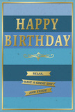 This birthday card offers a serene composition of blues and golds, creating a sense of quiet joy that would complement any Ickenham birthday bouquet. The background is built from broad, horizontal stripes that shift gently in colour, forming a soft ombré from deep navy at the outer edges to lighter, airy blues in the middle, passing through tones of denim and teal along the way. Each band flows smoothly into the next, giving the card a calm, expansive feel, reminiscent of looking out across open sky above the fields near Swakeleys Park. Centred on this tranquil backdrop, "HAPPY BIRTHDAY" is embossed in strong gold capitals. The letters are broad and evenly spaced, with a refined metallic sheen that catches the light just enough to stand out, without disturbing the peaceful mood created by the blue stripes. Beneath the main greeting, a delicate golden flourish adds a touch of decorative grace, its symmetrical curves recalling the understated elegance of traditional signage around Ickenham Village. Below this flourish, three slim gold banners sit in an orderly stack, each one embossed with part of the friendly wish: "Relax, have a great day and enjoy!" The banners appear slightly raised from the surface, casting faint shadows that lend texture and depth to the design. A fine gold line frames the entire card, enclosing the elements like a carefully chosen frame around a beloved picture. The overall feeling is of a gentle, thoughtful birthday message, ideal for setting beside a vase of fresh flowers in an Ickenham kitchen or living room, encouraging a moment of rest, happiness, and quiet celebration.